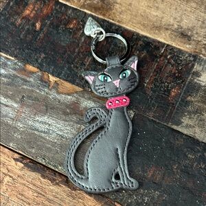 Brighton Cleo Cat grey stitched leather keychain, purse/handbag fob, preloved